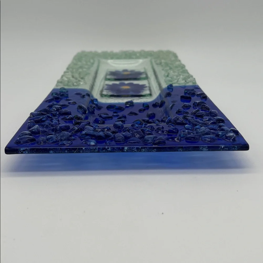 Fused Glass Art Tray Serving Platter with Pebble Finish and Blue Daisy Design